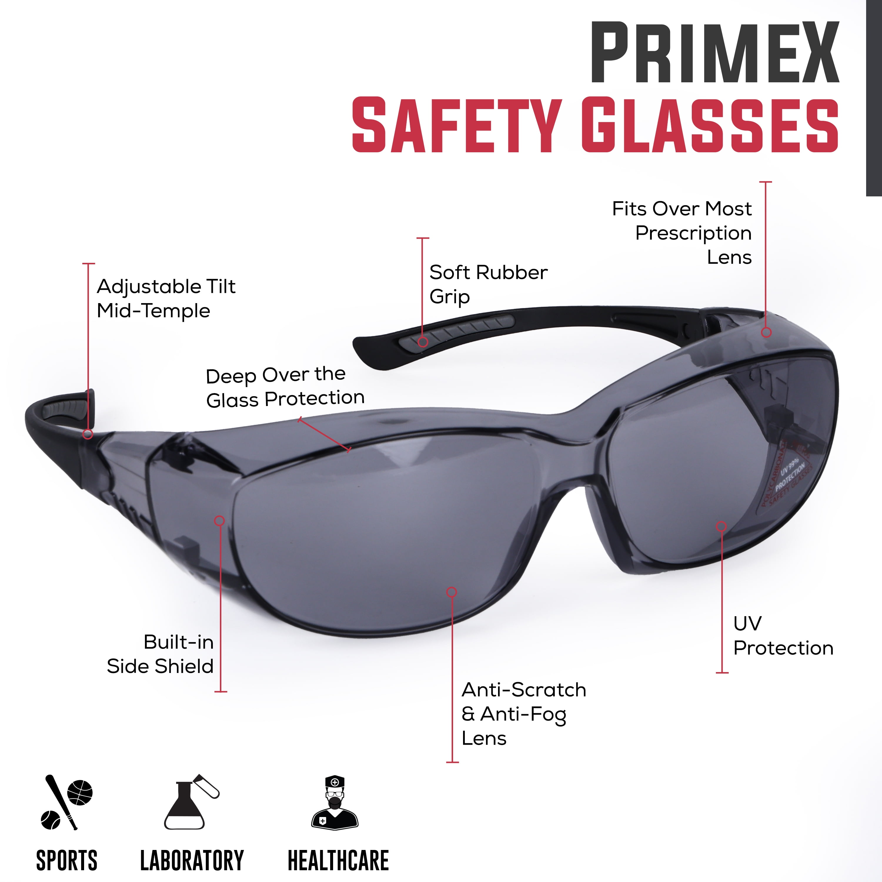 Zayaan Health PrimeX Gray Lens Black Temple Safety Glasses For Men/Women, Anti-Scratch & Fog (Pack of 144)