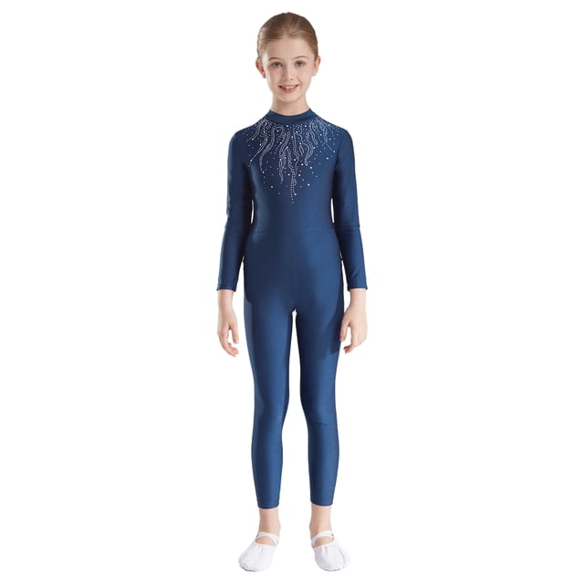Kaerm Body de Danse pour Filles avec Strass Manches Longues Unitard Extensible Bleu Marine 14