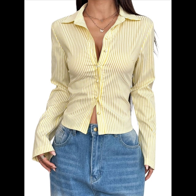 Camisa Corta A Rayas con Botones para Mujer, Blusa Ajustada de Larga, Camisa de Trabajo Amarillo L