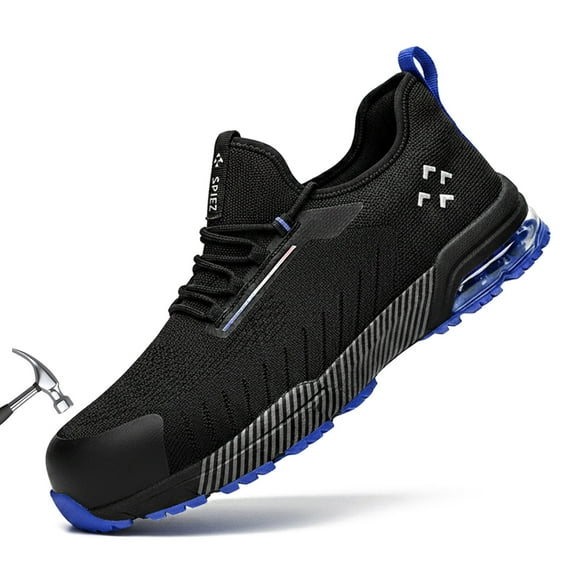 SPIEZ Composite Toe Shoes for Men, Slip-on ASTM F2412 Certified Safety Shoes Air Cushion Lightweight & Breathable Work Sneakers - Black/Blue Size 10