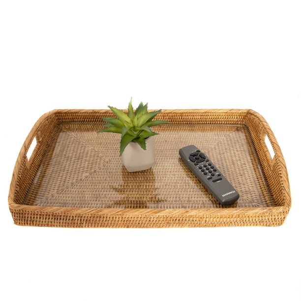 Artifacts Rattan 21 Inch Rectangular Tray With Glass Insert Com Rectangular Tray With Glass Insert, Saboga Round Ottoman Coffee Table Trays