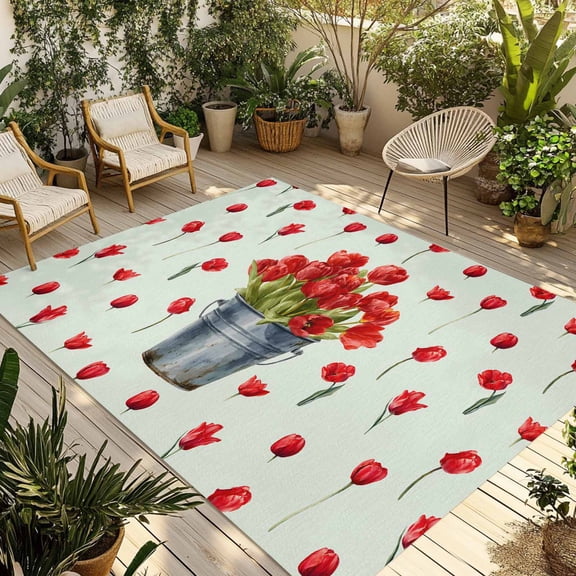 Red Tulip Flowers Outdoor Rug for Patio/Deck/Porch, Non-Slip Large Area Rug 4 x 6 Ft, Spring Floral Vintage Drum Country Blue Indoor Outdoor Rugs Washable Area Rugs, Camping Rug Carpet Runner