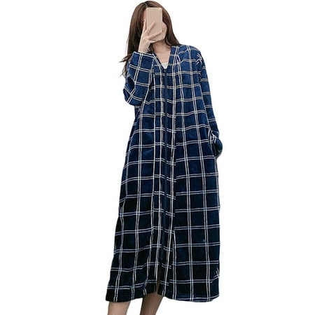 

Women Bathrobe Loose Pajamas Fleece Robe Warm Bathrobe Zipper Nightgown Long Sleeve Sleepwear with Pockets Autumn Winter Home Service