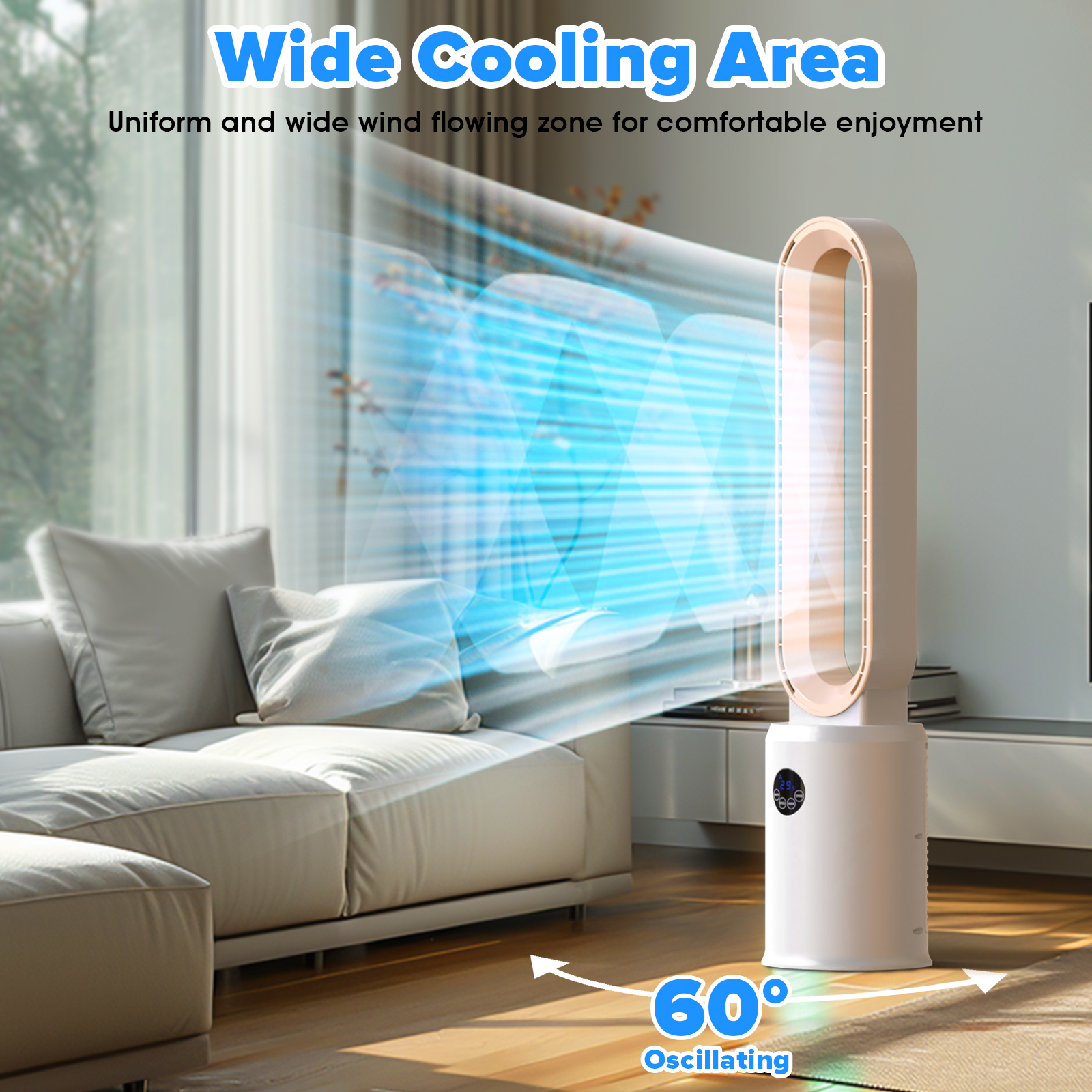 Advwin 38"Bladeless Tower Fan, Quiet Cooling Air Circulator with 60° Oscillation, 24 Speeds, Gold