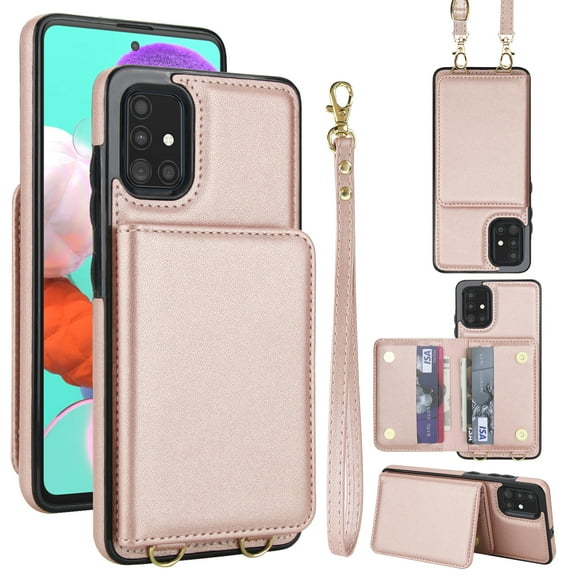 For Samsung Galaxy A51 4G Phone Case Wallet Card Holder,RFID Blocking PU Leather Back Magnetic Flip Kickstand Folio Case Wrist Lanyard & Crossbody Strap Protective Women Girls Cover,Rosegold