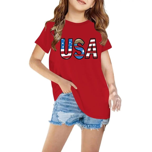Freshbabe Kids Girls 4th of July Cute Summer Clothes T-Shirt, Crew Neck Short Sleeve USA American Flag Print Patriotic Tee, Multi-Color Options Including White T-Shirt