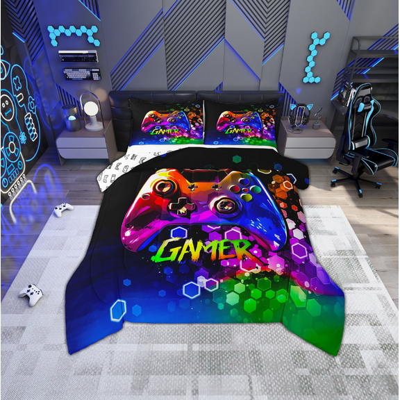 Erosebridal Male Gamepads Bedding Twin Comforter Set,Video Game Down Comforter,Gradient Honeycomb Bedding Sets Twin With Comforter,Super Cozy Geometric Room Decor,Reversible,2-Piece
