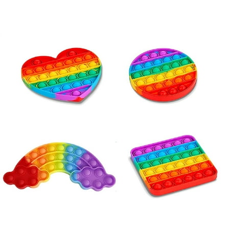 Necano 4 Pack Rainbow Pop Fidget Toy, Push Pop Bubble Fidget Sensory Toy for Kids and Adults, Fidget Popper Stress Reliever- 4 Shapes Sensory Fidget Poppers – Circle, Square, Rainbow, Heart