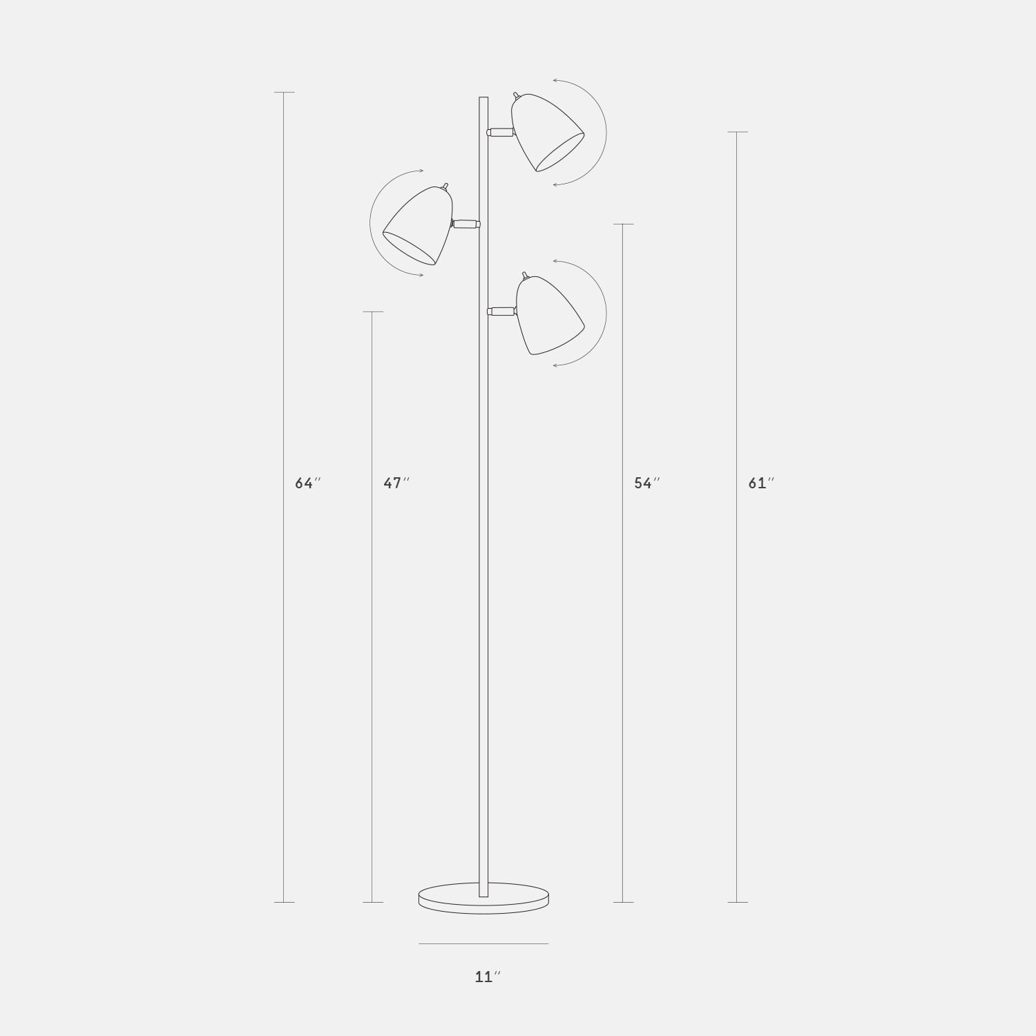 Brightech Jacob 64" Modern 3-Light LED Floor Lamp with Metal Cone Shades and 3 Adjustable Heads - Brushed Nickel