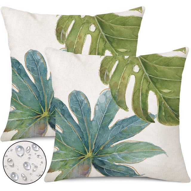 Fundas impermeables para almohnes de exterior de 18x18 pulgadas, juego de 2, con diseño de hojas tropicales verdes, fundas para cojines decorativos de Monstera y hojas de palma, para sofá