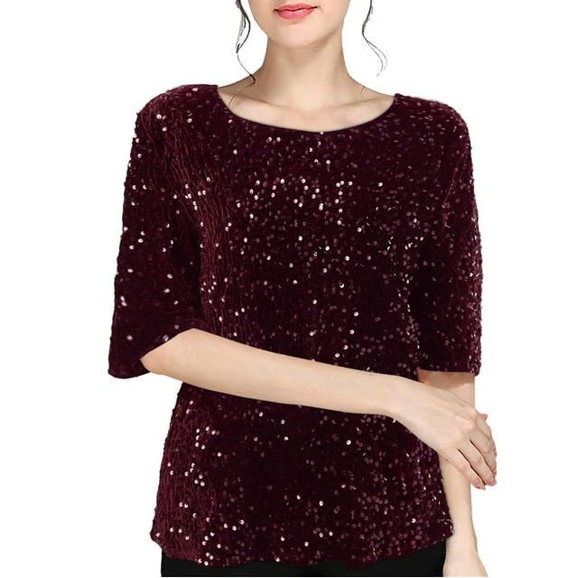 Breezora Haut à Paillettes Scintillant pour Femmes, Col Rond Tendance, Manches 3/4, Blouse à Paillettes, Chemise Festive pour les Fêtes, Essentiel de Garde-Robe Printemps Été, Taille TTTG, Rouge