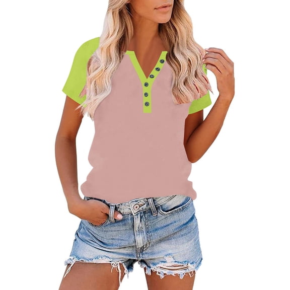 Pounoo Womens Color Block Tops Summer V Neck Button Down Short Sleeve T Shirts Casual Loose Fit Clothes Basic Tee Shirts Gift