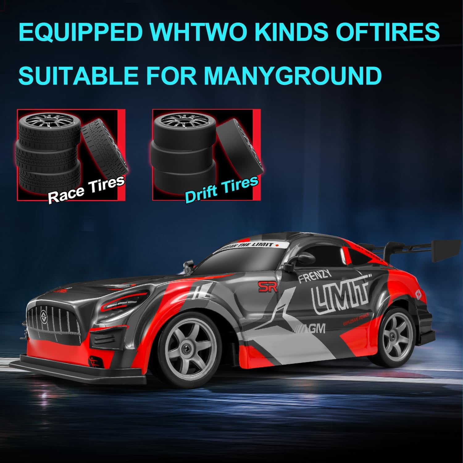 1:16 RC Drift Car, 25KM/H 4WD High Speed Remote Control Cars for Kids, with LED Lights, Two Batteries, Extra Tires, Drift RC Cars for Adults