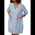 thumbnail image 3 of Vestido Tipo Túnica Holgado Informal de Algodón con Cuello en V para Mujer, Vestido de Verano para Vacaciones, 3/4 y Bolsillo. Azul S, 3 of 10