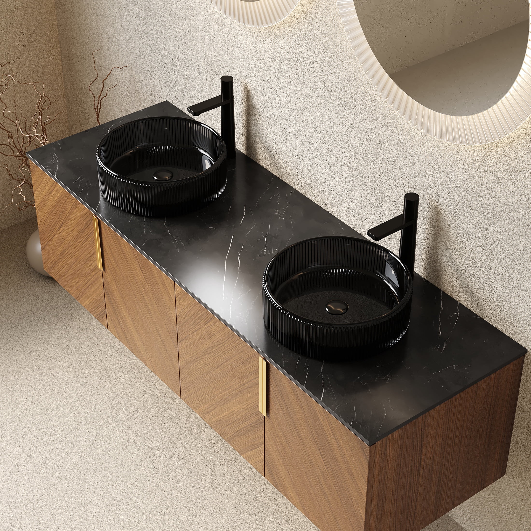Noble House ARAI 60" Floating Double Bathroom Vanity, Sintered Stone Top Cabinet with Dual Black Glass Sink, Oak