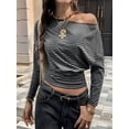 thumbnail image 6 of Women's Striped Off-Shoulder Cinched Waist Long Sleeve Top Gray S, 6 of 9
