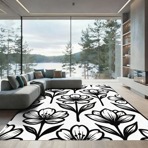 ODIKA 4' x 6' Machine Washable Non-Slip Area Rug, minimalist floral High Traffic Rug, White, 977377