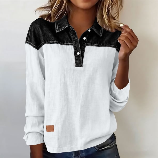 TaTaai Women's long sleeve collared top, linen cotton fabric, color block design, removable buttons, pullover style, casual loose fit, soft breathable, ideal for daily outings & office casual Gift