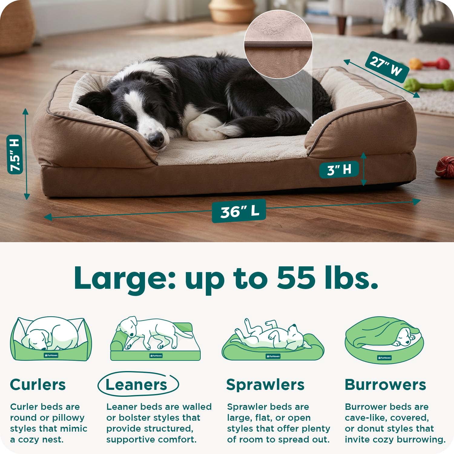 FurHaven Orthopedic Dog Bed for Large Dogs, Perfect Comfort Sofa, Egg Crate with a Solid Orthopedic Foam Base for Joint Support, Washable Cover, Large, Plush & Velvet Waves, Brownstone