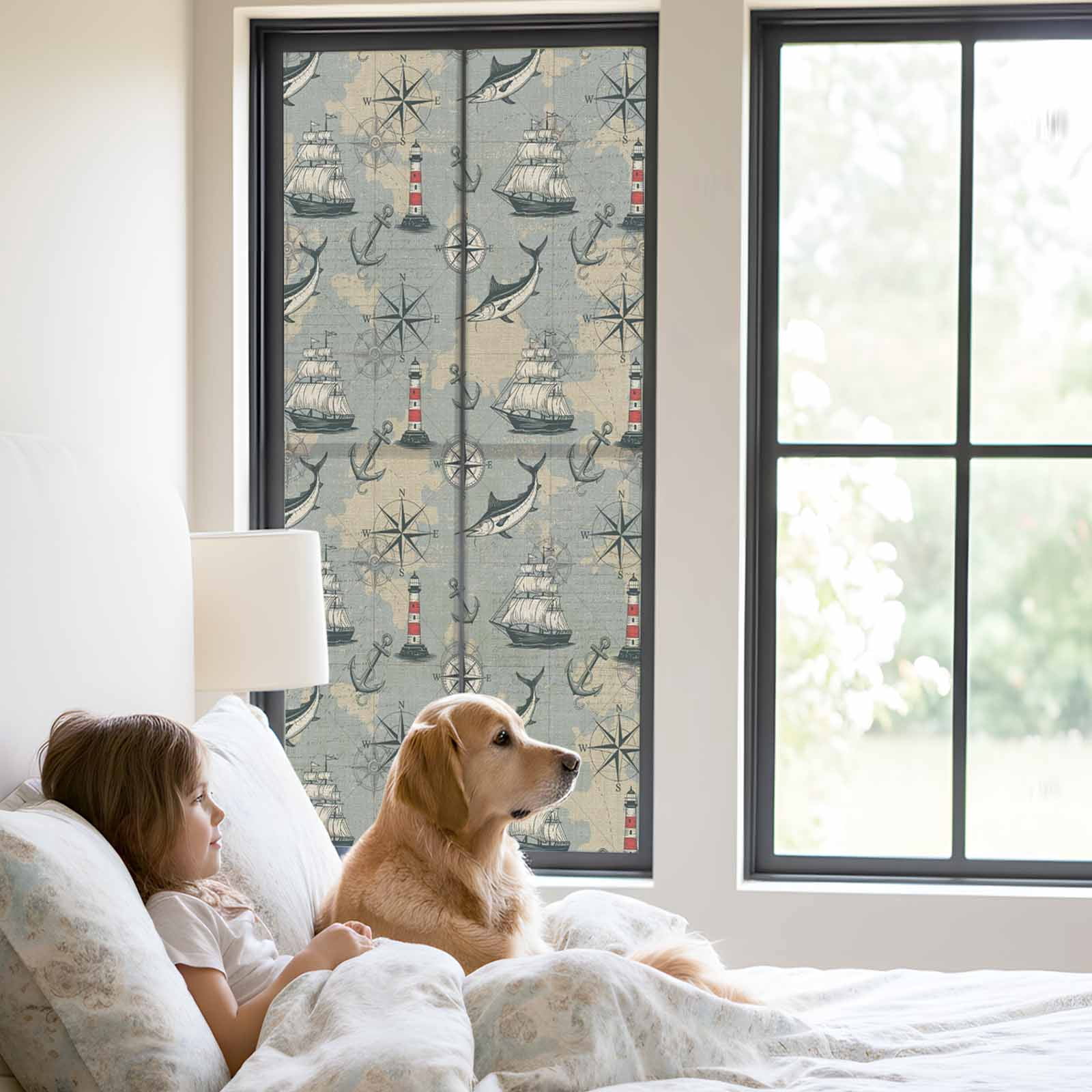 Blue Grey Nautical Window Privacy Film, Vintage Boats Seaports Maps Fish Linen Frosted Glass Window Clings Static Cling UV Heat Blocking Reusable Door Sticker for Bathroom 23.6 x 59 Inch