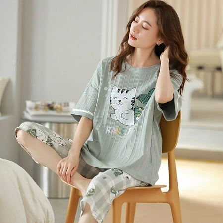 

Summer Knitted Cotton Cartoon Pajamas Sets Women Pyjamas Sleepwear Nightwear Pijama Mujer Plus Size Calf-Length Pants Homewear