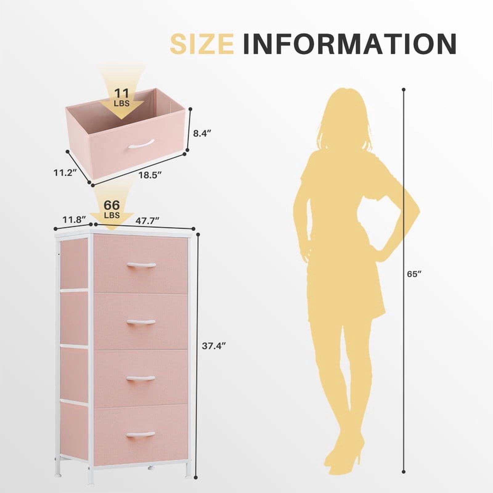 Simenmax 4 Dresser, Storage Drawers with Removable Fabric Bins, Fabric Closet Chests Organizer for Bedroom, Closet, Living Room, Pink