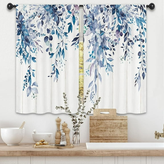 Eucalyptus Leaves Plant Kitchen Curtains 27.5W x 39L Inch Botanical Blue Purple Farmhouse Rustic Spring Summer Nature Rod Pocket Short Small Window Treatment Drapes Decor 2 Panels