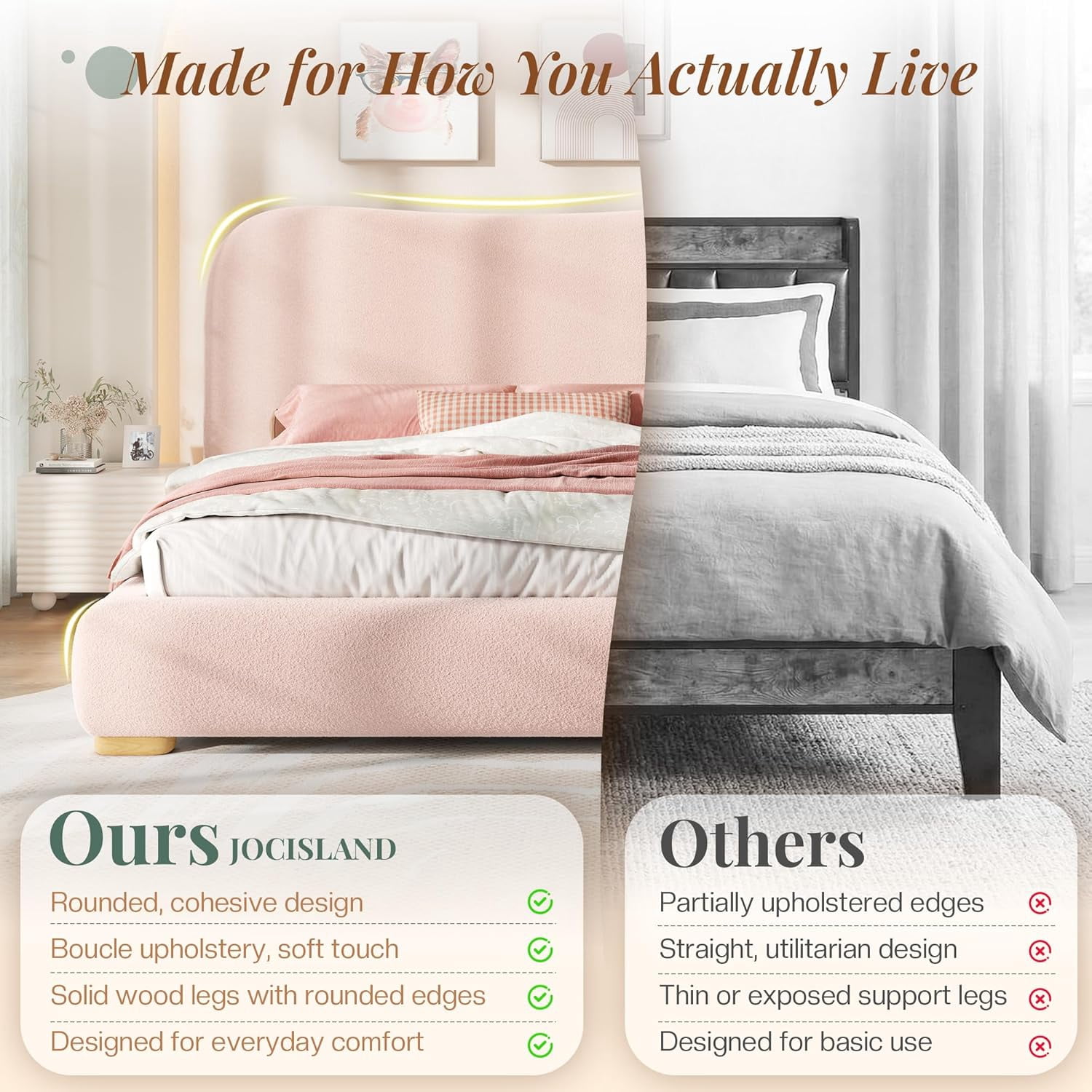 Amerlife Queen Size Cloud Bed Frame, 7.1" Thick Curved Headboard, Modern Upholstered Platform Bed, Easy Assembly, Boucle Pink