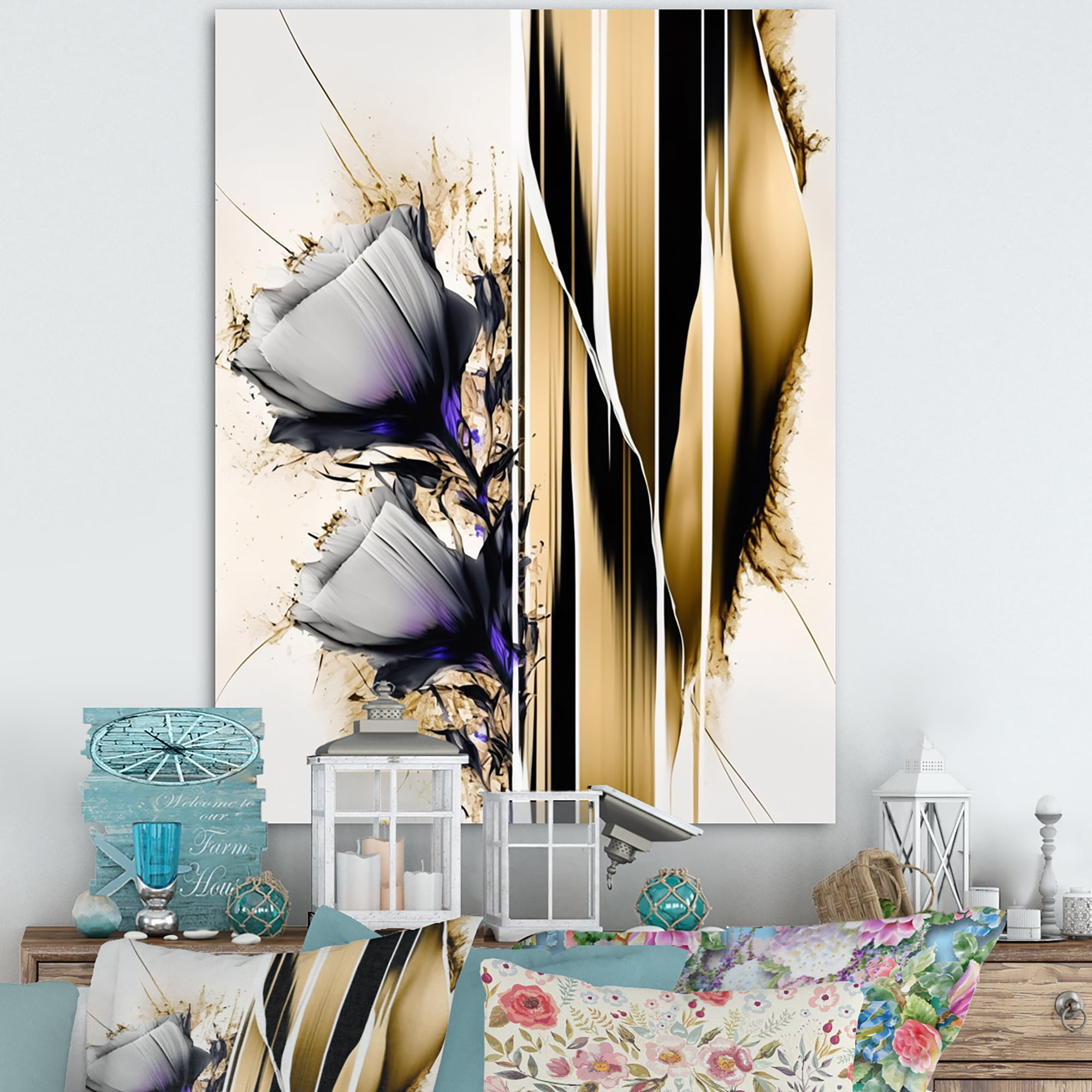 Designart Purple Flower Flower On Abstract Paint I Canvas Wall Art