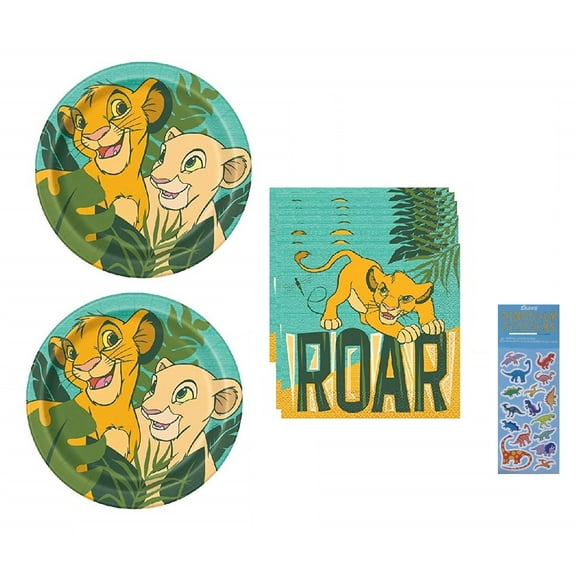Lion King Birthday Baby Shower Party Supplies Bundle includes 16 Lunch Paper Plates, 16 Lunch Paper Napkins, 1 Dinosaur Sticker Sheet