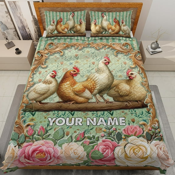 Lotusprinthandmade Personalized Floral Chicken Lovers Quilt Bedding Set (White Binding) 5 Sizes (Made in Vietnam) (55x60), Chicken 3D Graphic Quilt Bedding Set