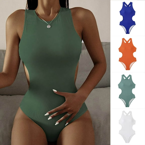 HAPIMO Women's One Piece Swimsuit Solid Color Beachwear Halter Bathing Suit Summer Seaside Clothes for Girls Cross Backless Swimwear Sets Sales Dark Blue S