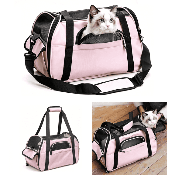 Pet Carrier Backpack, Holds up to 11 lbs, Travel Bag & Soft-Sided Crate for Small Dogs & Cats, Expandable with 5-Side Ventilation, Removable Pad & Luggage Strap, Pink,17×9×11 Inches