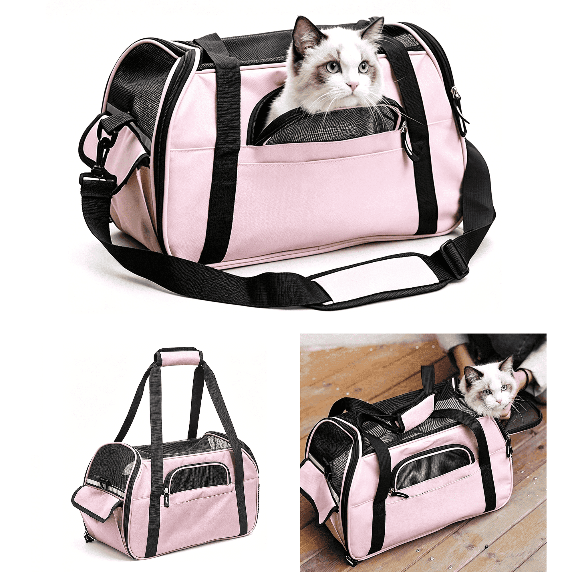 Pet Carrier Backpack, Holds up to 11 lbs, Travel Bag & Soft-Sided Crate for Small Dogs & Cats, Expandable with 5-Side Ventilation, Removable Pad & Luggage Strap, Pink，17×9×11 Inches