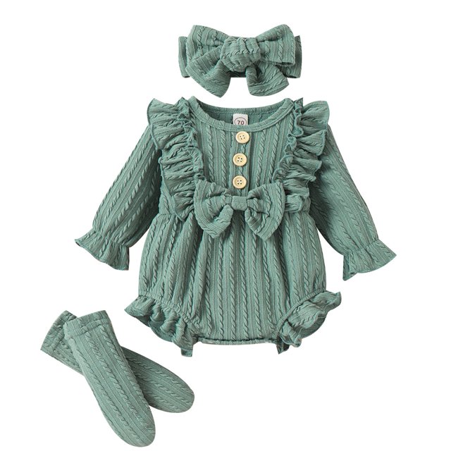 WRKEKC Infant Ruffle Knit Romper Set Matching Headband Button Front Thickened Warm Snug Comfortable Fitting Fall Winter Jumpsuit for Boys and Girls 0-12 Months