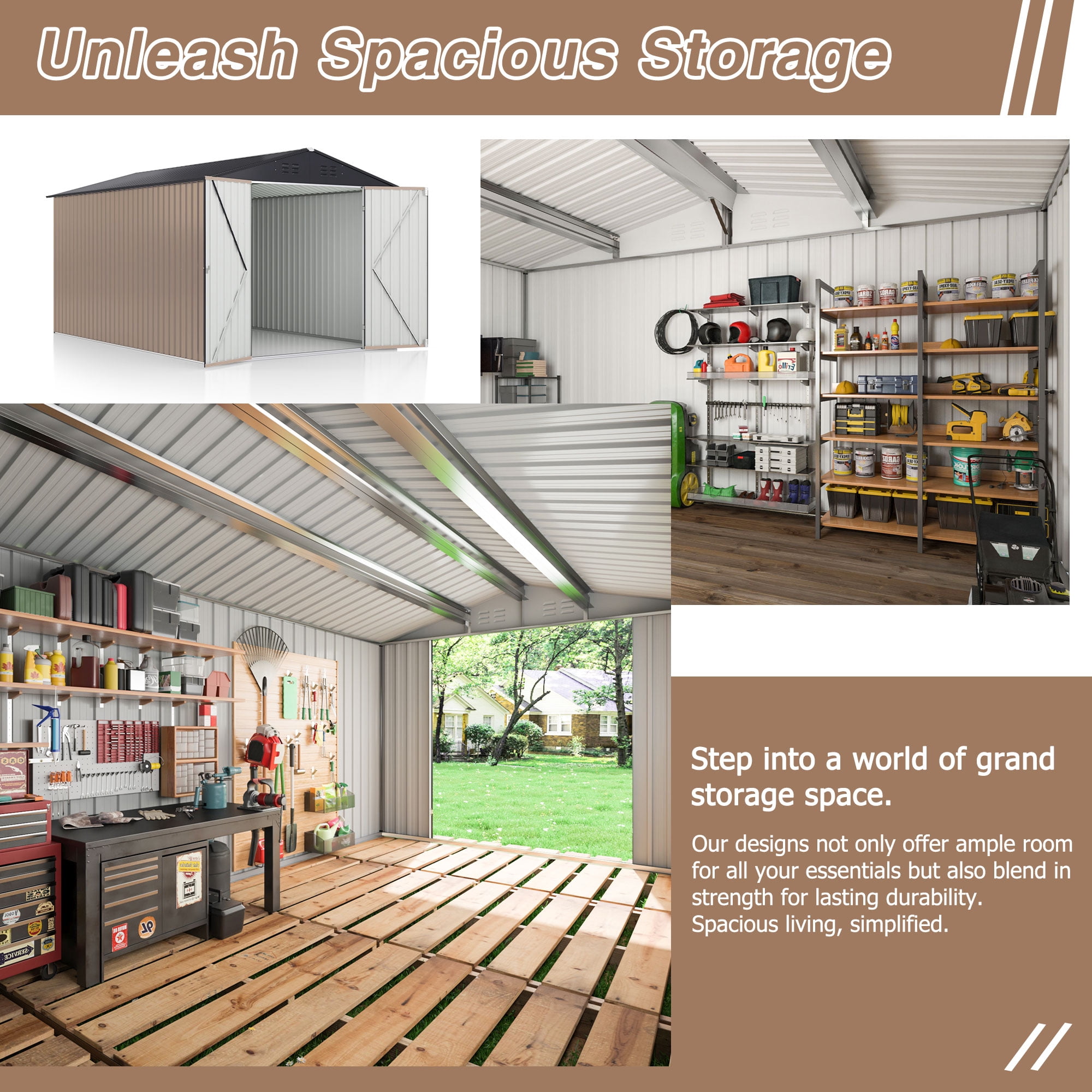 NETAJE 8'x12' Outdoor Metal Storage Shed with Upgraded Frame and Lockable Doors for Backyard, Garden, Lawn, Brown