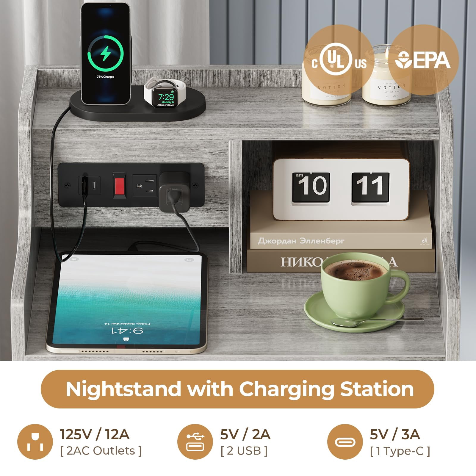 Afuhokles Nightstand with Charging Station, Bedside Table with 4 Drawers,End Table with Hutch, Gray