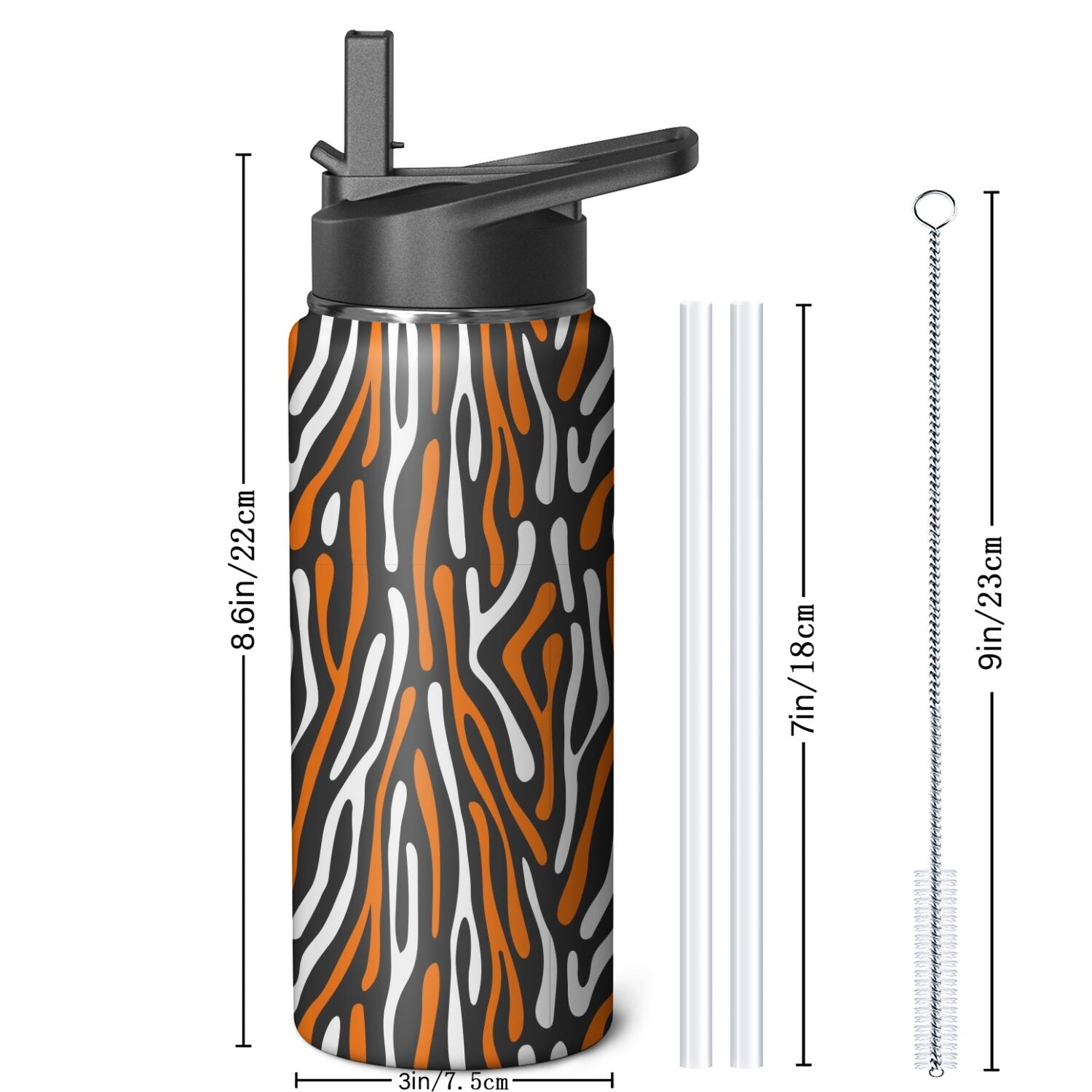 Leopard Print Insulated Stainless Steel Water Bottle with Straw & Cleaning Brush – 18 Oz | Leakproof, BPA-Free, 304 Stainless Steel, Wide Mouth, Travel Mug for Car, Gym, Office