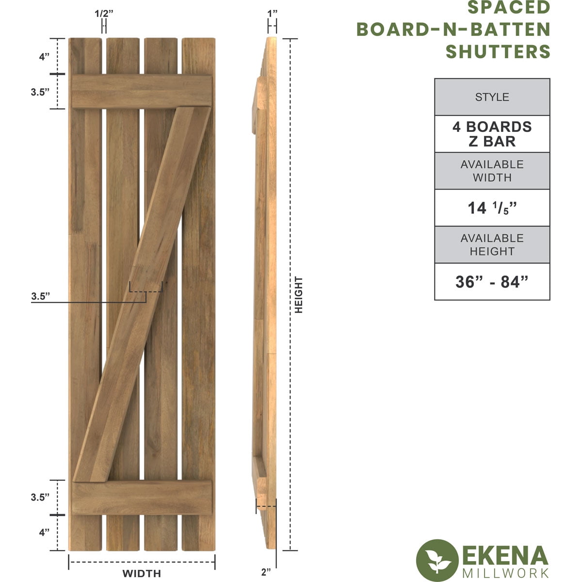 Ekena Millwork 15 1/2"W x 49"H Americraft Four Board (2 Batten) Exterior Real Wood Spaced Board-n-Batten Shutters w/ Z-Bar (Per Pair), Raisin Brown