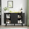 thumbnail image 5 of Lumiinofami 47" Sideboard Buffet Cabinet with 2 Sliding Tambour Doors and 3 Drawers, Curved Fluted Storage Cabinet with Adjustable Shelves for Living Room, Entryway, Hallway, Black, 5 of 15