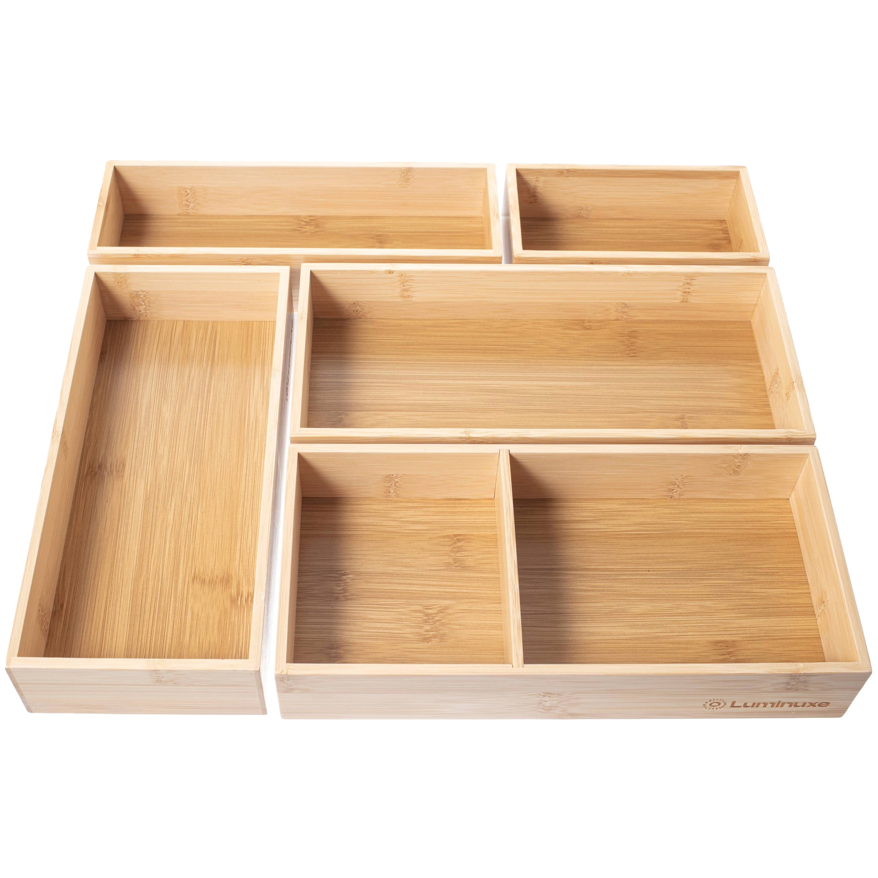 Luminuxe Bamboo Drawer Organizer Set, 5 Piece Non-Slip Versatile Storage Trays for Kitchen Utensils, Bathroom Essentials, Makeup & Jewelry