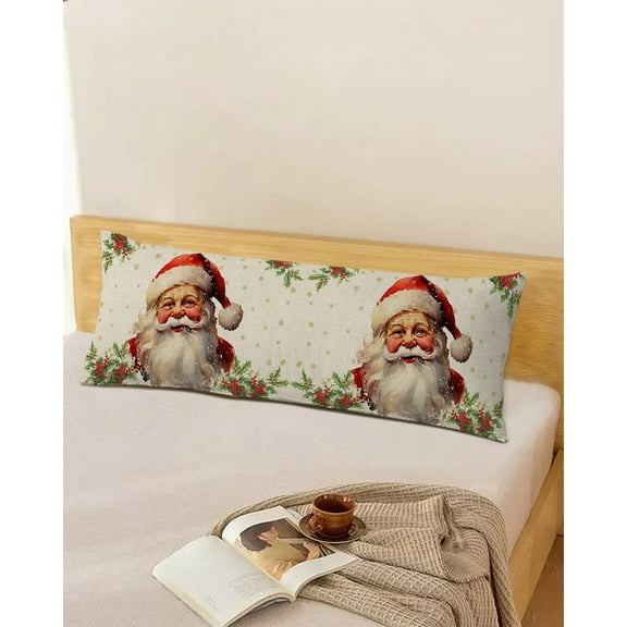 Christmas Santa Claus Throw Pillow Cover, Vintage Berry Snowflake Rectangle Decorative Pillow Case Protector Soft Cushion Cover Lumbar Pillowcase for Couch Sofa Bedroom Car Chair Decor 20x54 Inch