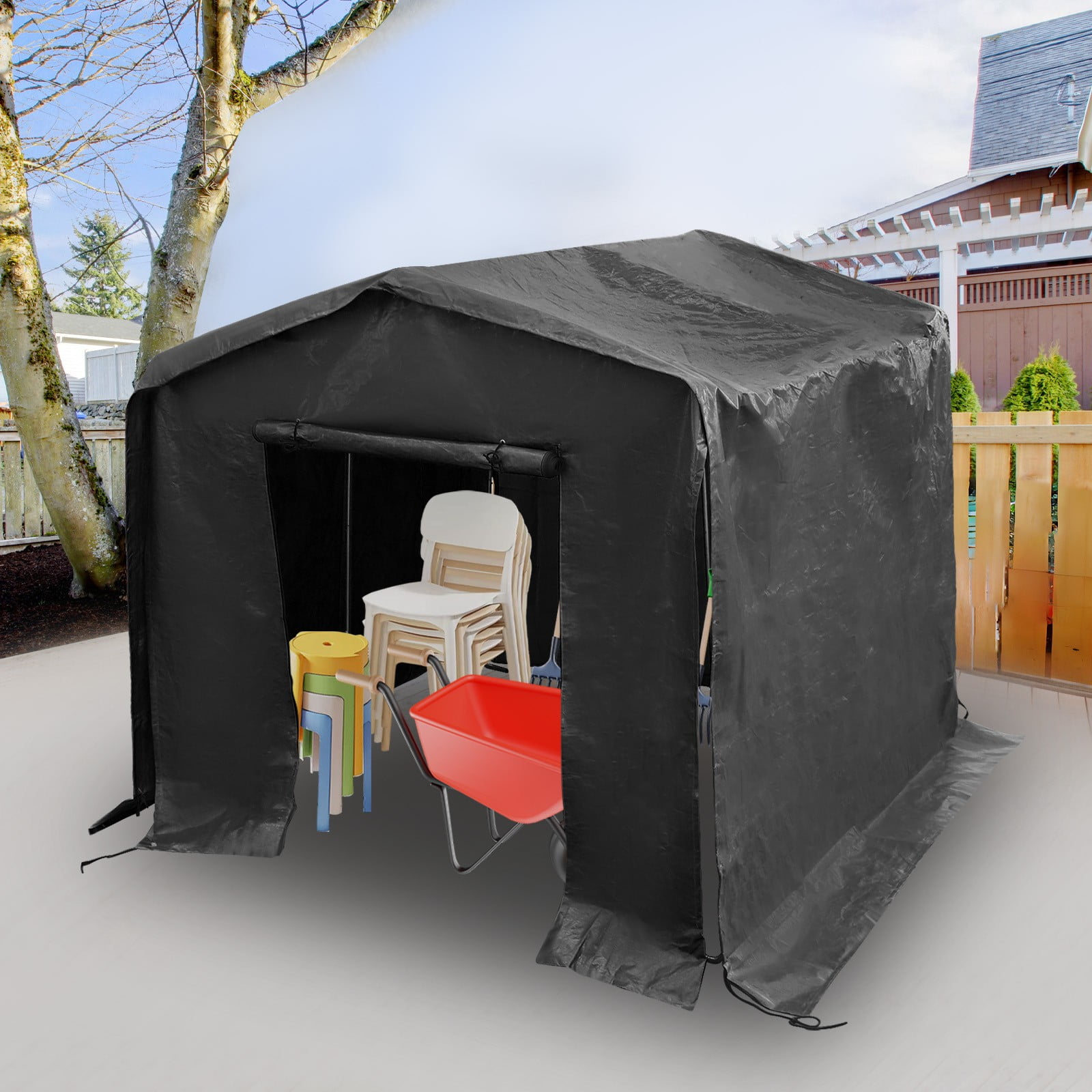Outdoor Carport Shelter, 8x8x8ft Metal Frame Carport Canopy Cover, Black, Waterproof Tarp Shelter for Car Truck Motorcycle Vehicle Protection