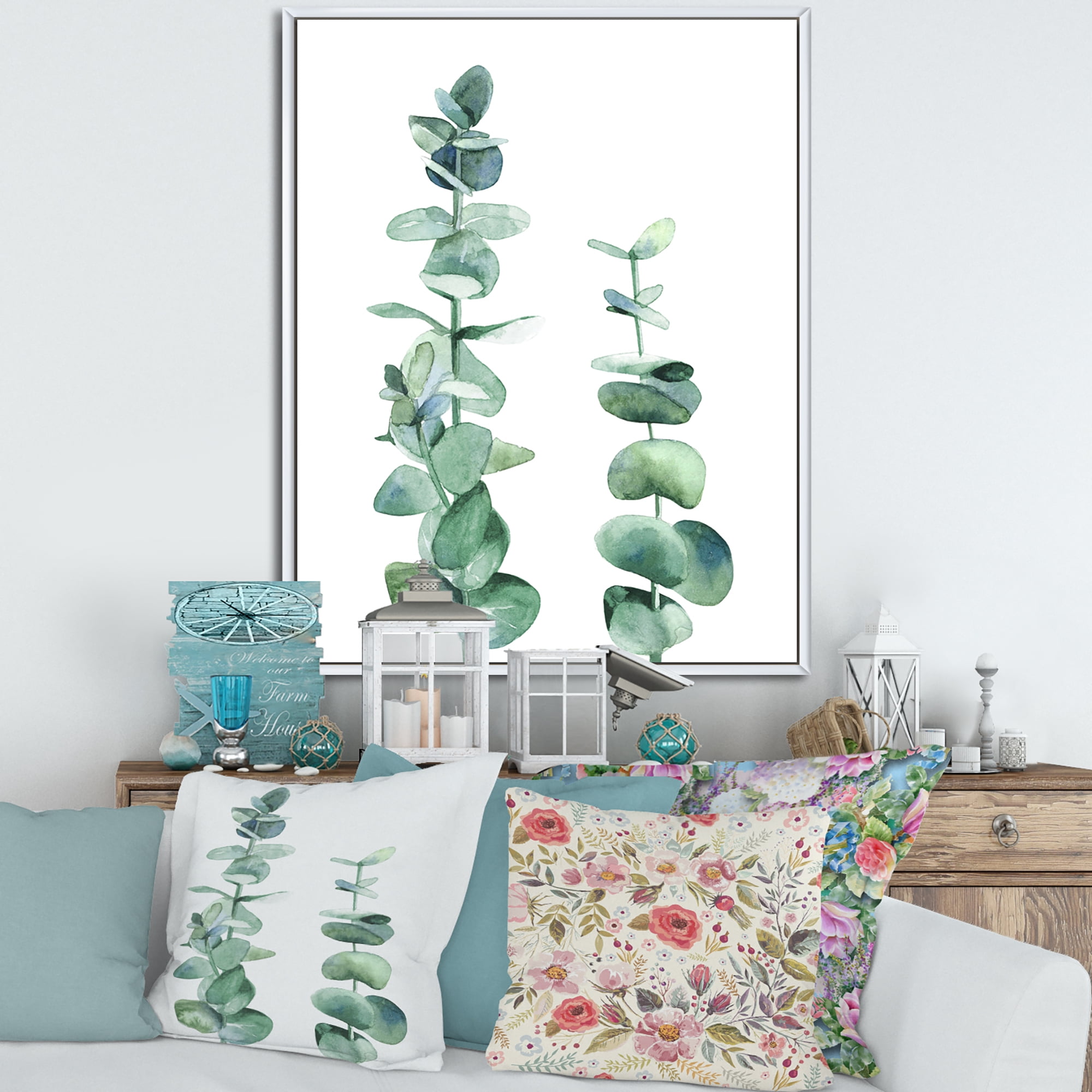Designart 'Green Eucalyptus Branch' Tropical Framed Canvas Wall Art Print
