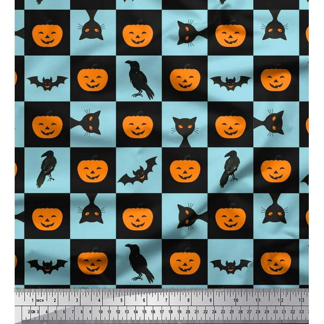 Soimoi Polyester Crepe Fabric Pumpkin,Cat & Bat Halloween Print Fabric by The Yard 42 Inch Wide