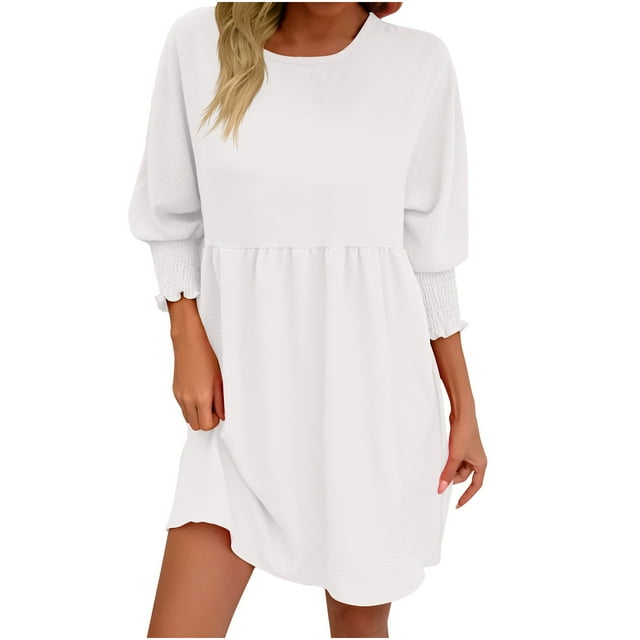 Lovzfmll Robe Poupée à Col Rond de Printemps pour Femme, Couleur Unie, Robe Plissée à Trois Couches, Blanc, TG