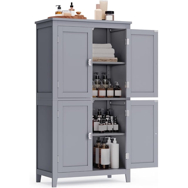 VASAGLE Mueble de Baño, Armario de Baño, Armario de Cocina, con 4 Puertas, Estantes Ajustables, 30 x 60 x 110 cm, Gris Mística