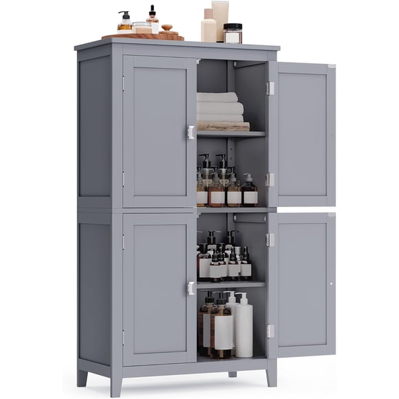 VASAGLE Mueble de Baño, Armario de Baño, Armario de Cocina, con 4 Puertas, Estantes Ajustables, 30 x 60 x 110 cm, Gris Mística