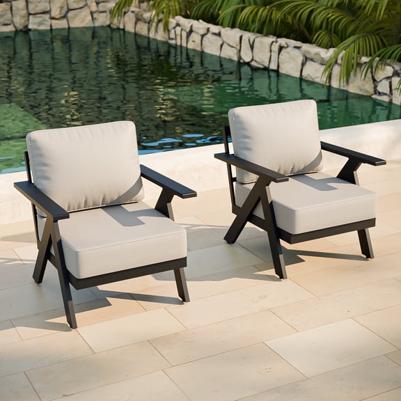 COOS BAY Iron Luxe 2 PCS Modern Outdoor Aluminum Patio Chairs, Black/Beige
