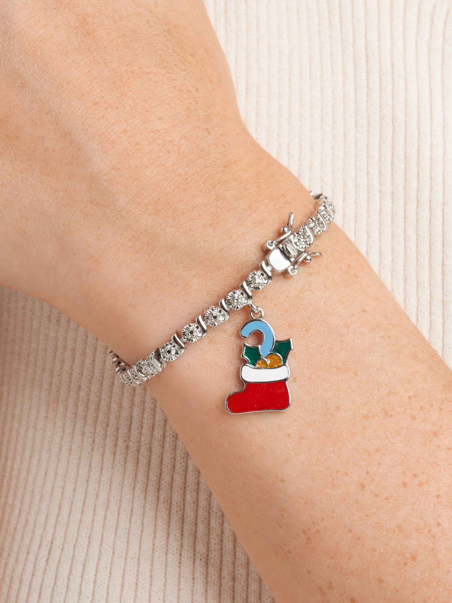 Fine Silver Plated Diamond Accent "S" Link Tennis Bracelet With Enamel Holiday Christmas Stocking Charm 7.25"